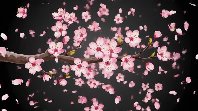 Cherry blossoms falling from a branch against a dark background.