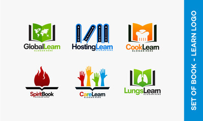 Set of six educational logos featuring open books and symbolic icons.