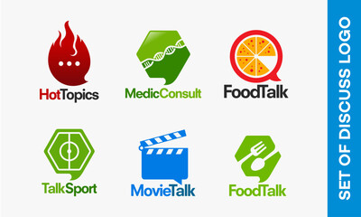Set of six hexagonal discussion logos for various topics including hot topics media consult food talk talk sport movie talk and food talk.