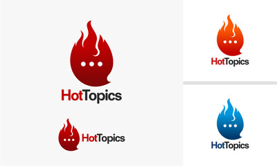 Hot Topics Logo Design Featuring Fire and Speech Bubble Elements.