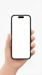 3D clay style hand holding phone, blank mobile app mockup screen, modern smartphone display template, isolated cartoon hand with phone