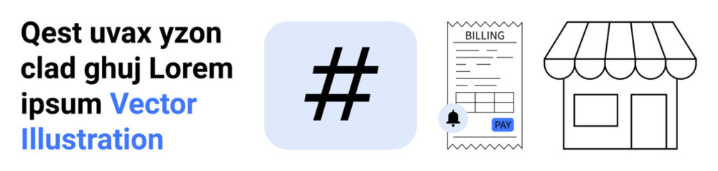 Obraz premium metadata tag inside speech bubble, detailed billing receipt with notification, and a store facade. Ideal for e-commerce, billing systems, social media, notifications, payment services, communication