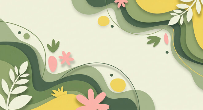 A beautiful abstract background featuring layered green waves, delicate pink flowers, and yellow circles, evoking a sense of nature and spring