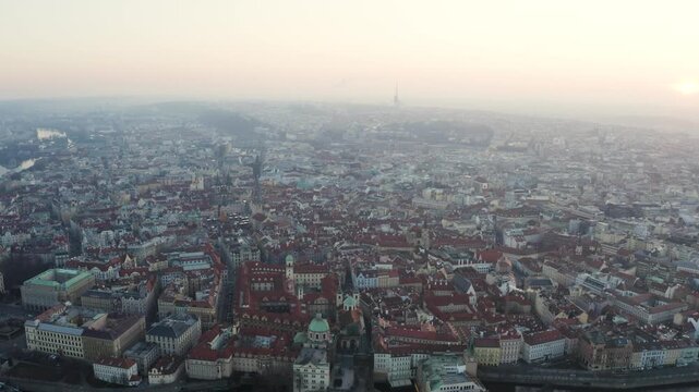 Aerial Drone View of Charles Bridge and Prague Old Town at Sunrise, 4K