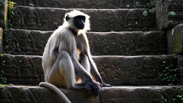 A majestic langur monkey sits peacefully on ancient stone steps bathed in soft sunlight observing its surroundings with quiet contemplation