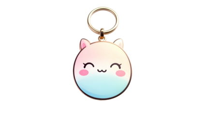 A cute, round keychain with gradient colors, cat ears, and a smiling face