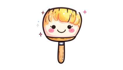 A cartoon paintbrush character with a smiling face, sparkles, and a wooden handle