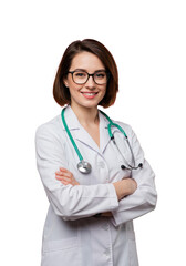 Young caucasian woman, brunette bob, glasses, white medical coat, green stethoscope, arms crossed, smiling confidently in vibrant pink studio with copy space, medical branding concept