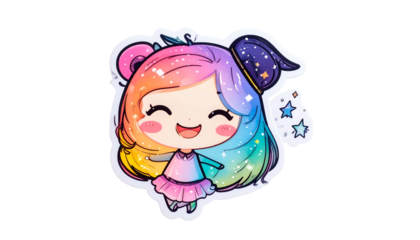 Adorable kawaii character with rainbow hair, space-themed ears, smiling joyfully