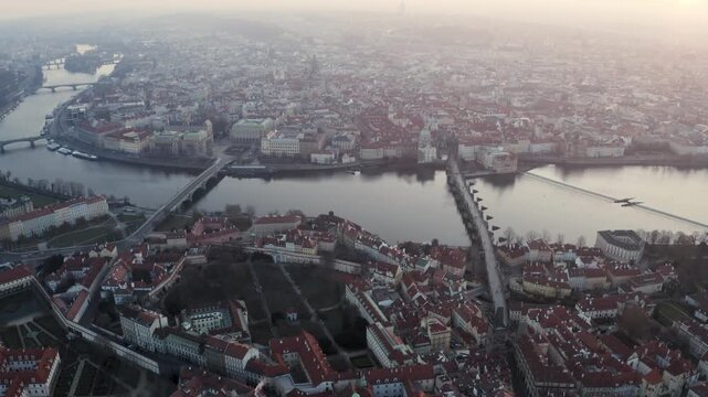 Aerial Drone View of Charles Bridge and Prague Old Town at Sunrise, 4K