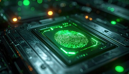 Green lit biometric scanner with fingerprint scan in progress