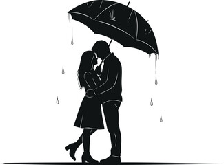 Romantic couple standing together under an umbrella silhouette isolated on a white background
