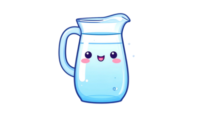 A cute, cartoonish glass pitcher filled with water, featuring a smiling face