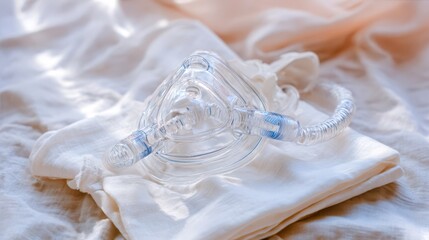 Clear Anesthesia Mask Resting on a Soft White Fabric Surface