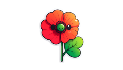 Cartoonish poppy with smiling face, red petals, green center, and leaf on black background