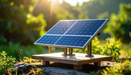 Miniature solar panel model on a wooden platform in sunlight