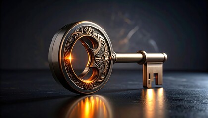 Intricately Etched Digital Metallic Key with Amber Glow