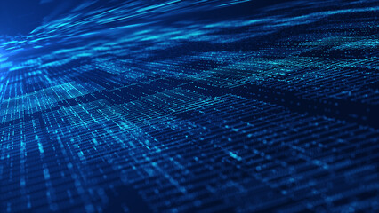 Futuristic Blue Digital Grid Background with Glowing Dots and Lines for Technology and Data Network Concept. 3d Rendering
