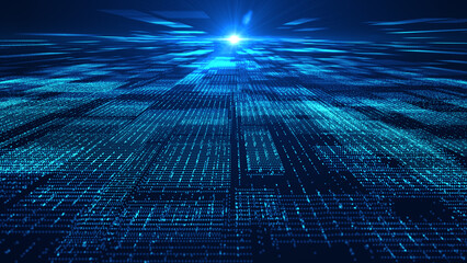 Digital data transfer concept with glowing blue grid and motion effect, perfect for technology, AI, and network background. 3d Rendering