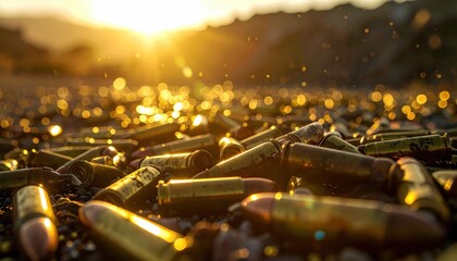 Pile of spent bullet casings glistening under the setting sun