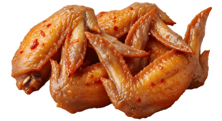 Roasted spicy chicken wings with red chili flakes and golden glaze isolated on transparent background