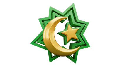 Golden Crescent Moon and Star on Green Star Background