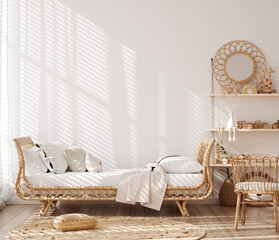 Fototapeta na wymiar Poster frame mockup in beautiful nursery with rattan furniture, Scandi-Boho children room interior, 3d render