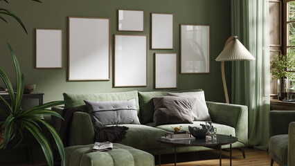 Gallery wall in cozy dark green home interior, perspective panorama, 3d render