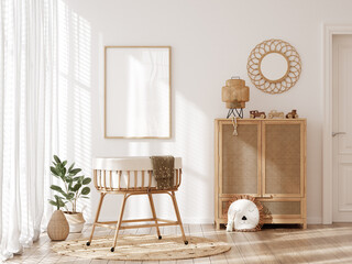 Poster frame mockup in beautiful nursery with rattan furniture, Scandi-Boho children room interior, 3d render
