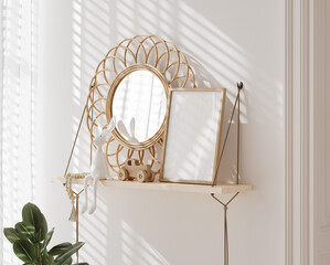 Poster frame mockup in beautiful nursery with rattan furniture, Scandi-Boho children room interior, 3d render