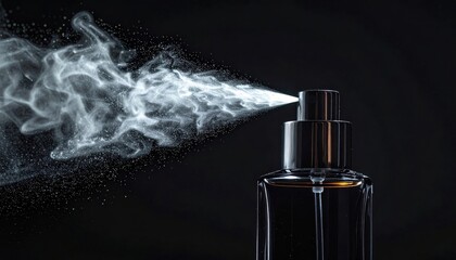 Perfume bottle spraying a fine mist on a dark background