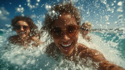 Group of smiling young women enjoying a refreshing swim in the clear ocean water on a sunny day, wearing sunglasses