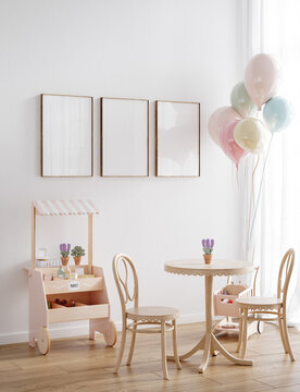 Mock up frame in children room, Scandinavian style interior background, 3D render