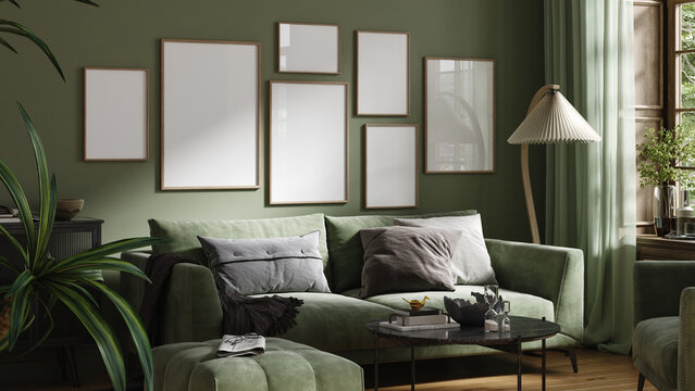 Gallery wall in cozy dark green home interior, perspective panorama, 3d render