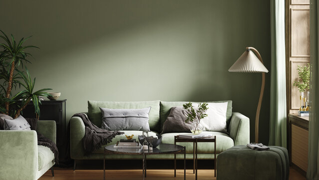 Furnished cozy dark green living room interior, blank wall mockup, banner, 3d render