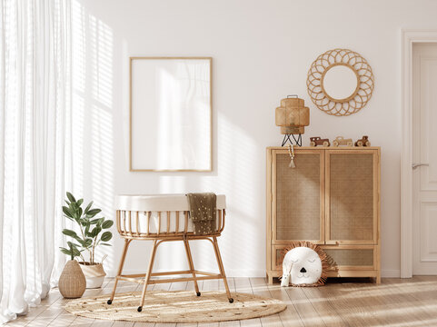 Poster frame mockup in beautiful nursery with rattan furniture, Scandi-Boho children room interior, 3d render