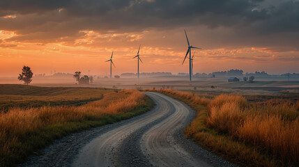 Scenic rural landscape with curved dirt road and wind turbines at sunset under dramatic sky with vibrant clouds