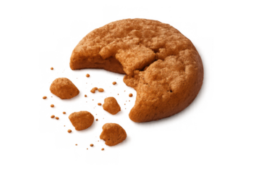 Broken chocolate chip cookie with crumbs, casting a shadow, representing indulgence and dessert. Transparent background