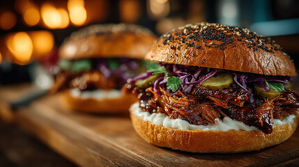Two pulled pork sandwiches with coleslaw on toasted buns.