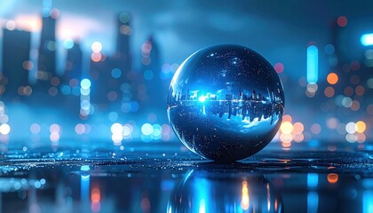 Shiny chrome sphere reflecting a warped cityscape in blue light