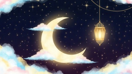 Enchanted night sky with crescent moon and hanging lantern