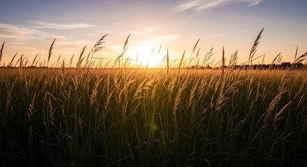 Serene Field at Sunset with Golden Light Filtering Through Tall Grasses
