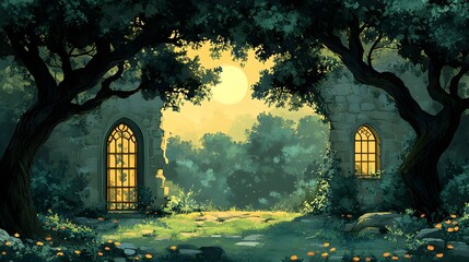 Ancient stone ruins with gothic windows are bathed in warm sunlight filtering through a dense, verdant forest canopy.