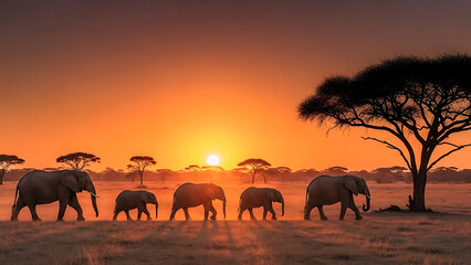 Wide angle view of an elephant family migrating across the savanna during golden hour