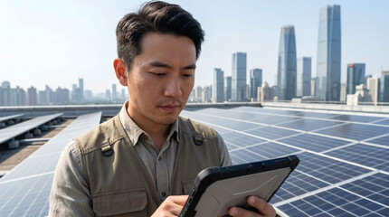 Focused Asian Solar Energy Technician Using Rugged Tablet for Inspection on Rooftop Panel Array