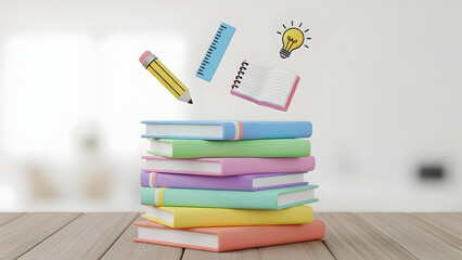 Vibrant stack of colorful books with school supplies floating above