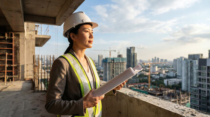 Visionary Asian Female Engineer or Architect Holding Blueprints on High-Rise Construction Site at Sunset