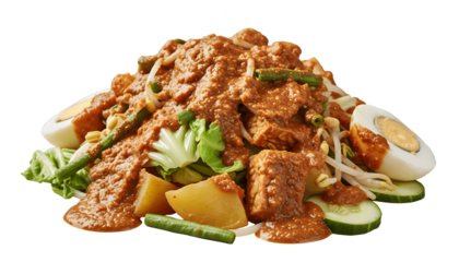 Gado-gado indonesian salad with peanut sauce, boiled egg, tofu, and vegetables isolated on transparent background