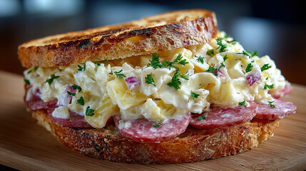 A hearty sandwich with egg salad, salami, and fresh herbs on toasted bread.