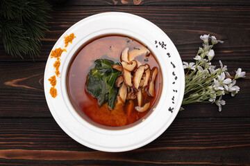 Classic miso soup wooden background